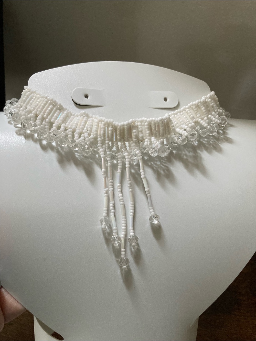 Hand Crafted White Beaded Fringe Choker Necklace